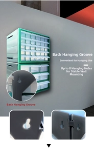 Detail of wall-mounted drawer organizer showing 8 hanging slots for component storage