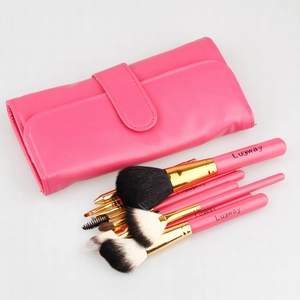 Professionelles 10-teiliges rosa Tierhaar Make-up Pinsel Set mit Leder Reisetasche