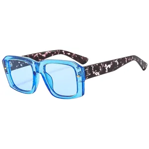 Retro square sunglasses with transparent blue frames and tortoise shell temples