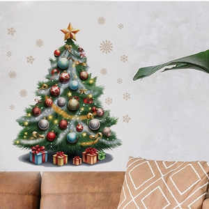 Reusable Christmas tree wall sticker with colorful ornaments for living room decoration