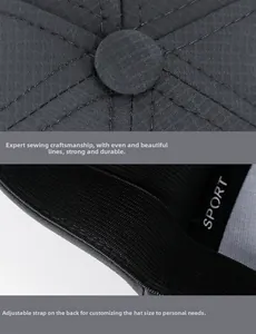Detail of grey baseball cap showing top button stitching and adjustable interior sweatband
