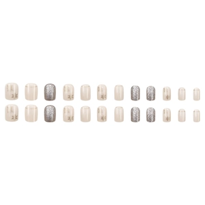 Sparkling snowflake press-on nail kit with silver glitter and nude tones, 24 pieces set