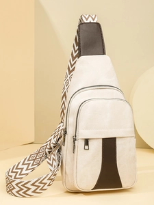 Fashionable beige crossbody chest bag with canvas texture and geometric pattern strap