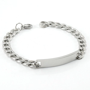 Polished silver stainless steel Cuban link ID bracelet with a blank rectangular plate