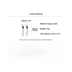 Detailed size chart for geometric bead earrings with shell pendant and copper material