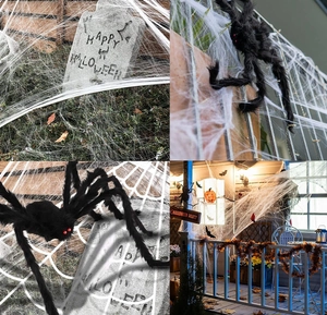 Outdoor setup of giant plush spider, web, and Halloween party signage in garden