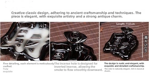 Detail view of a ceramic backflow incense burner, measuring 11cm in length and 4.5cm in height