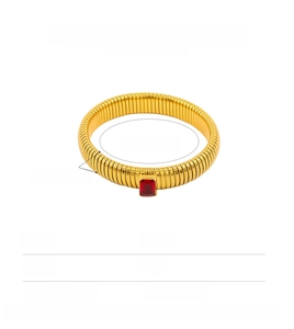 Detail showing the square red zircon inlay and dimensions of the golden steel bracelet