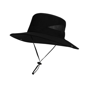 Outdoor wide brim sun hat with breathable mesh and adjustable chin strap in black