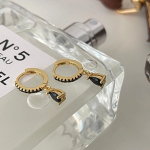 Minimalist 925 sterling silver gold hoops with elegant black zircon teardrop charms