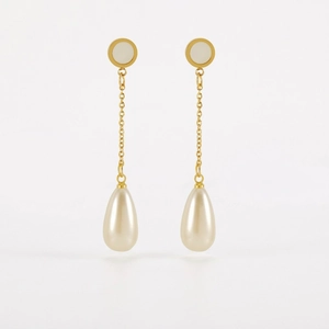 Elegant Long Chain Dangle Earrings Stainless Steel 18K Gold Plated Teardrop Artificial Pearl Shell Inlay Vintage Style For Women