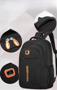 Detail of backpack showing elastic foam handle, smooth metal zippers and side mesh pocket