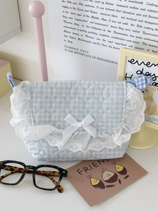 Close-up of heart quilted light blue plaid bag with lace trim and ribbon bow