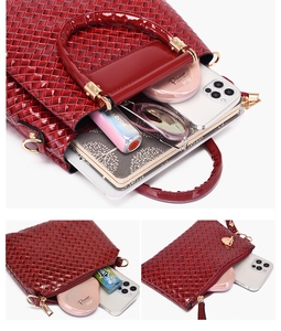 Detail showing red woven texture tote bag interior capacity and matching pouch accessories