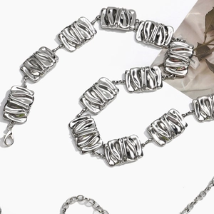 Elegant silver metal waist chain belt with textured rectangular plates for women's dresses
