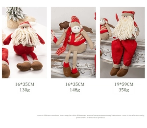 Detailed comparison of long-legged Santa and Reindeer plush dolls in two various sizes