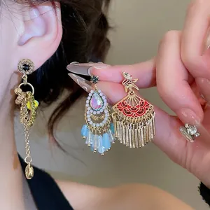 Ethnic style fan-shaped red enamel tassel earrings and bohemian beaded jewelry for women