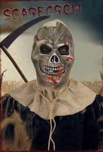 Detailed view of scary scarecrow mask with burlap texture and realistic blood stains