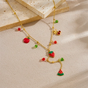 Collier en Y doré en acier inoxydable avec pendentifs fruits colorés et strass en verre