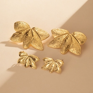 Gold plated stainless steel leaf stud earrings with detailed leaf vein texture set