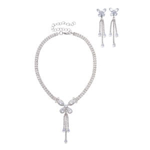 Elegant silver necklace and earrings set with zircon butterfly pendant and tassels