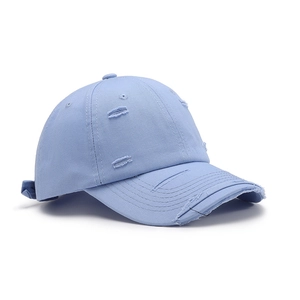 Unisex light blue distressed baseball cap with ripped holes and adjustable strap