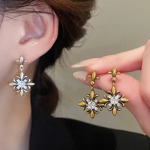 Vintage Fleur-de-lis Cross Stud Earrings For Women Copper Zircon Inlay With 925 Sterling Silver Earring Post