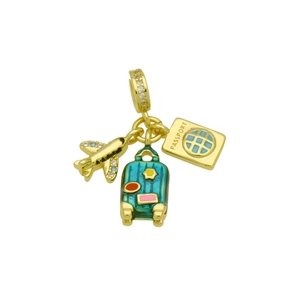 Detailed view of gold airplane, green enamel suitcase and passport travel charms