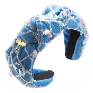 Fashionable blue sequin knotted headband with mesh overlay for party and formal events