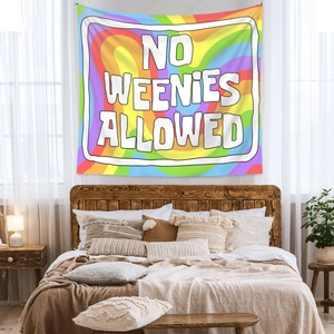 Detail of vibrant rainbow tapestry with No Weenies Allowed text in a cozy bedroom