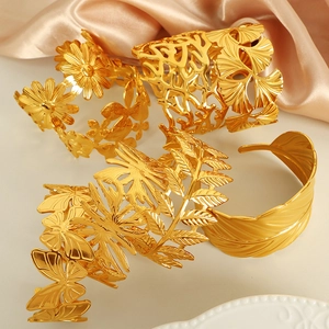 Stainless Steel Hollow Cuff Bracelet For Women Adjustable Gold Silver Leaf Butterfly Flower Feather Bangle Fashion Jewelry