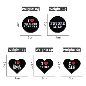 Detailed size and weight chart for black enamel heart and round slogan brooches