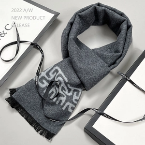 Premium men's dark grey wool scarf with Greek key pattern and tassel trim for winter