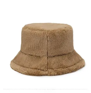 Detailed back view of a plush caramel brown faux fur bucket hat with soft texture
