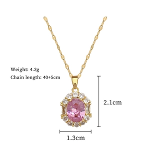 Detail view of pink zircon pendant necklace with gold chain and dimension specifications