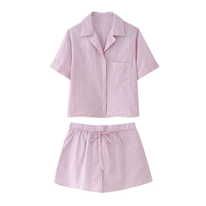Haut De Pyjama Et Short À Rayures Roses Chemise À Manches Courtes Boutonnée Taille À Cordon Vêtements De Nuit