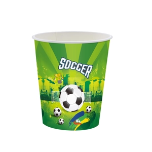 Disposable soccer party cup with green football field graphics and soccer goal for 2026 World Cup