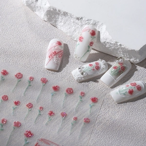 Autocollants De Nail Art En Relief 3D Design Rose Fleur Papillon Auto Adhésif Décoration De Manucure Style Français Romantique