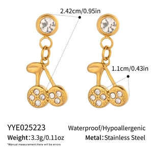 Detailed size specifications for gold cherry earrings with stainless steel and crystals