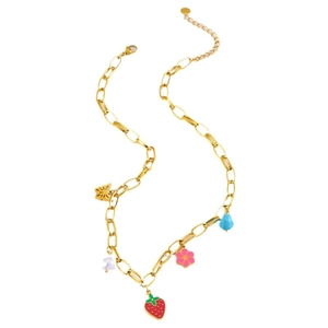 Gold stainless steel chain necklace set featuring strawberry, flower and butterfly charms