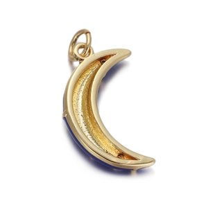 Detail of gold crescent moon charm with blue enamel side and polished finish