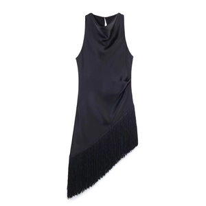 Women Satin Tassel Dress Cowl Neck Sleeveless Slim Fit Sexy Cocktail Party Evening Gown