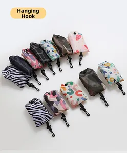 Detail of 12 patterns of foldable shopping bags with convenient hooks and snap buttons