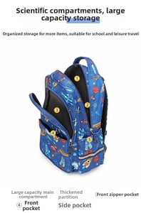 Detail view of the five-compartment storage system and space prints on kids backpack