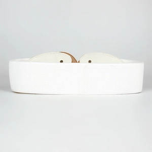 Close-up of high-elastic white cinch belt with premium metal rivets and leather joints