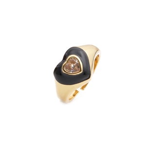 Fashion gold-plated open ring with black enamel heart frame and clear heart-shaped zircon