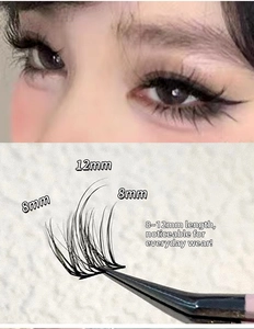 Detail of 8mm and 12mm individual mink eyelashes applied for a natural manga look