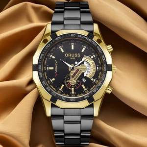 Men's business watch with black steel strap and gold tachymeter dial on silk background