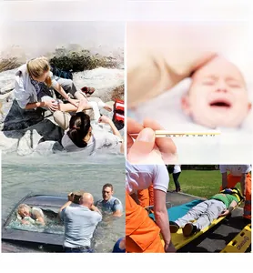 Emergency first aid kit usage scenarios including bandaging and outdoor medical assistance