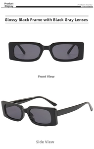 Front and profile views of rectangular black frame sunglasses with grey lenses